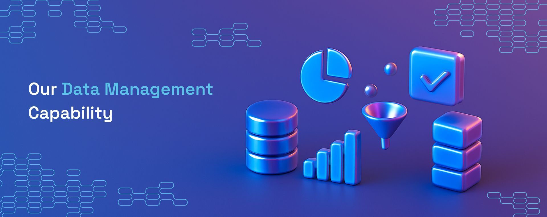 3D icons of databases, charts, checklists, and data funnels — thumbnail for Fresh Gravity’s Data Management expertise video.